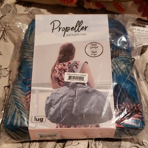 Propeller packable tote teal with tropical leaf
